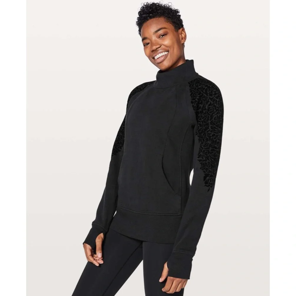 lululemon | Floral Flock Pullover Black Velvet Terry 1/4 Zip Sweater Size 4